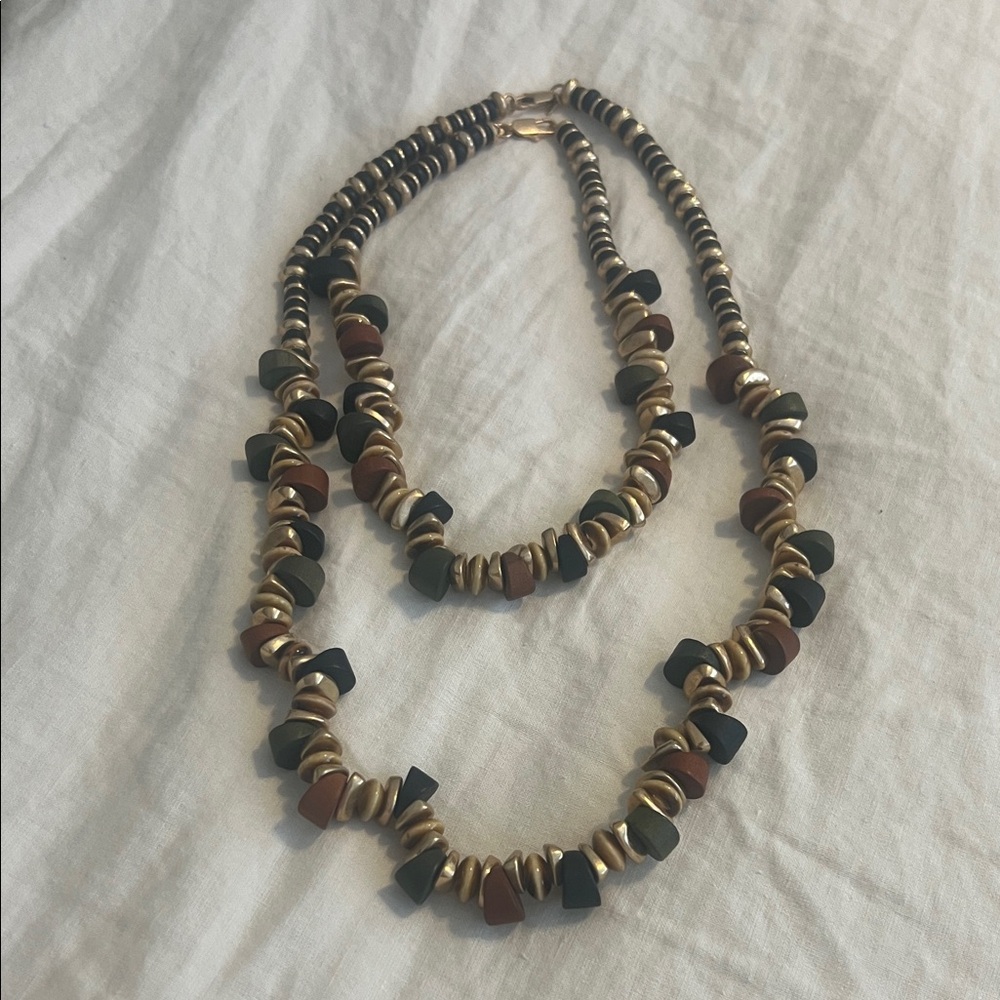 Gold-Tone Beaded Double Strand Necklace with Black & Brown Accents